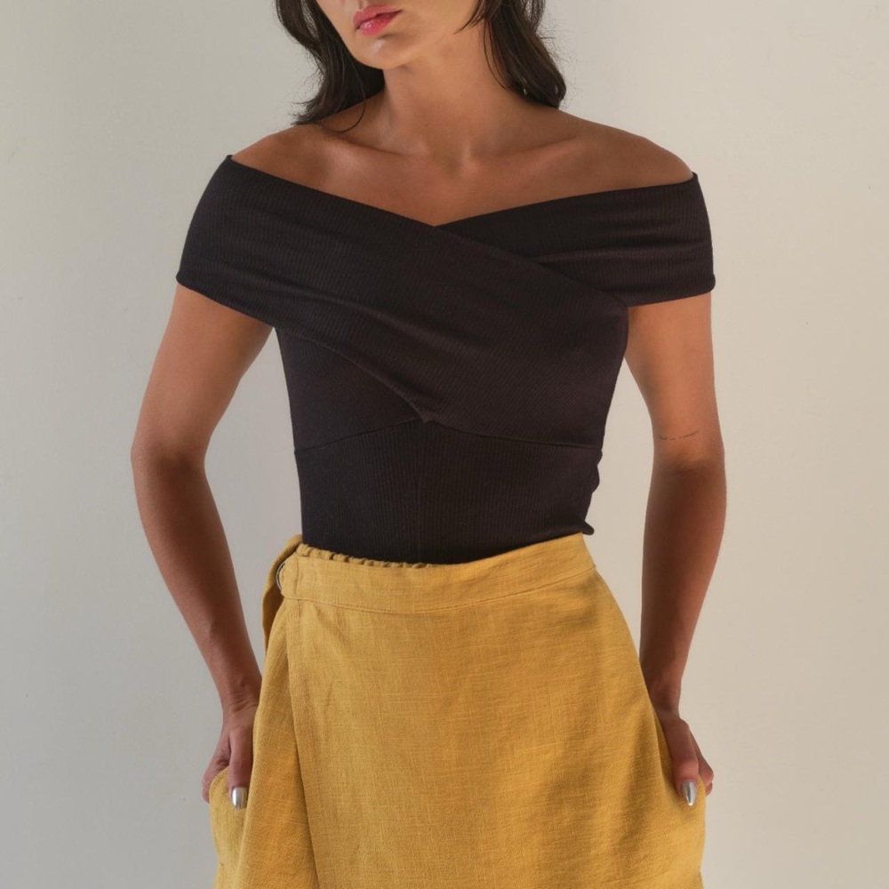 REIFHAUS - Black Ribbed Off the Shoulder Cross-Front Bodysuit
